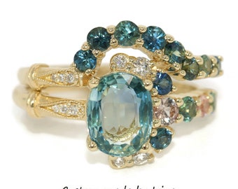 Blue Green and Peach Ombre Sapphire Engagement Rings Set