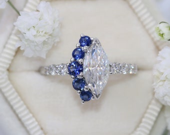 1 carat Marquise Moissanite Engagement Ring with Blue Sapphires Half Moon Halo