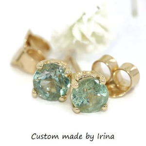 Custom Made Round Pastel Teal Green Natural Sapphire Stud Earrings 14k Solid Gold