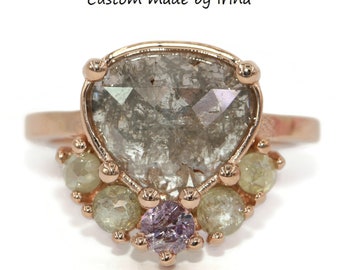 2 carat Rose Cut Gray and Pink Natural Diamond Ombre Cluster Engagement Ring