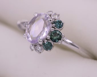 Custom Made Fairy-tale Lavender Cluster Engagement Ring 14k Solid Gold