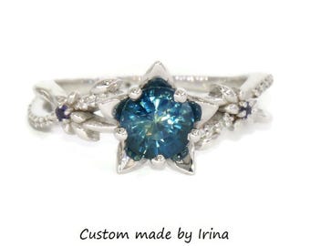 1 carat Teal Blue Green Natural Sapphire Flower Petals and Leaves Engagement Ring