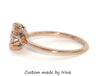1.5 carat IGI Certified Lab Diamond Flower Petal 6 Claw Prongs Solitaire Ring with Hidden Blue Green Natural Sapphires