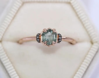 Hexagon Natural Montana Sapphire Engagement Ring with Vintage Black Rhodium Diamond Pattern