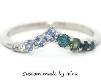 Teal Blue Green Ombre Multi Gemstone Cluster Flair Wedding Ring