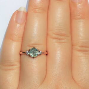 14k rose gold 1 carat 3 Stone Montana Sapphire Engagement Ring, Teal Unheated Montana Sapphire Ring, Pastel Sapphire Ring