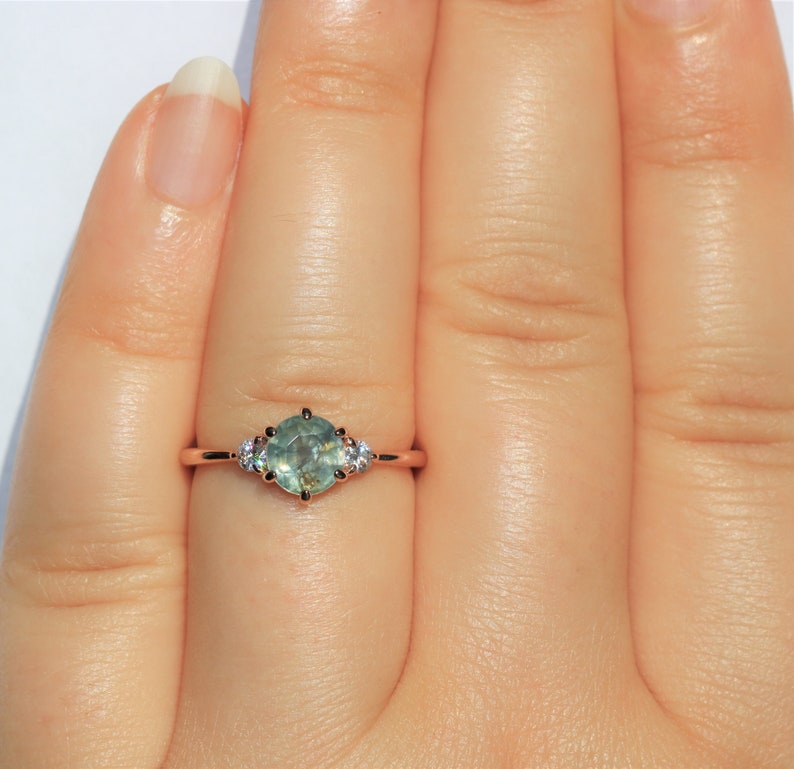 14k rose gold 1 carat 3 Stone Montana Sapphire Engagement Ring, Teal Unheated Montana Sapphire Ring, Pastel Sapphire Ring