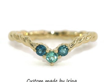Rope Flair Ring with 3 Indicolite Teal Blue Green Tourmaline Stones
