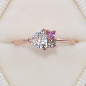 Trillion Cluster Ring, Colorful Ombre Pink Sapphire and Champagne Diamond Ring, Asymmetrical One Of A Kind Ring