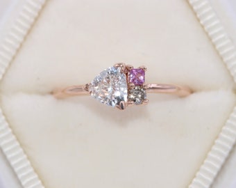 Trillion Cluster Ring, Colorful Ombre Pink Sapphire and Champagne Diamond Ring, Asymmetrical One Of A Kind Ring