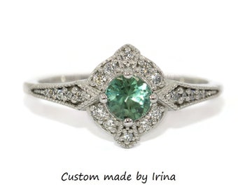 Teal Green Blue Edwardian Style Inspired Montana Sapphire Engagement Ring