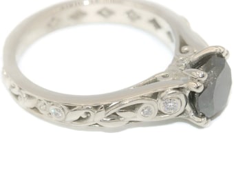 Platinum Vine Leaf Filigree Lace Pattern 1.2 carat Black Natural Diamond Ring
