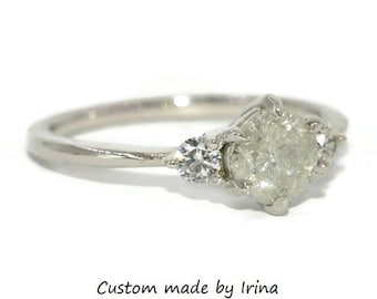 Three Stone Salt and Pepper Gray Natural Diamond Ring