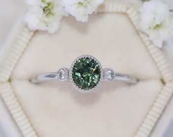 1.25 carat Unheated Natural Teal Blue Green Sapphire Three Stone Engagement Ring