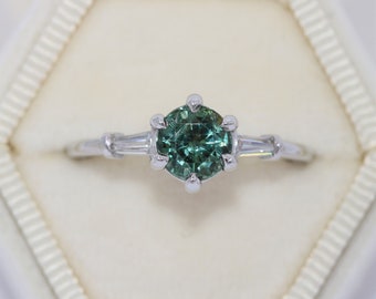 Custom Made 1.8 ct Unheated Teal Blue Green Montana Sapphire 3 Stone Ring with Baguette Diamonds