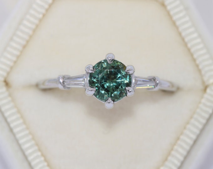 Featured listing image: GIA Certified 1.8 carat Unheated Teal Blue Green Montana Sapphire 3 Stone Ring with Baguette Diamonds