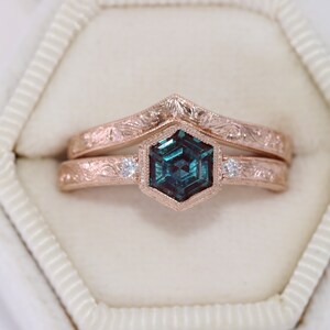 14k Rose Gold Hand Engraved Hexagon Engagement Ring and Wedding Band Set
