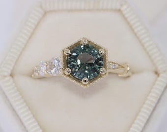 1.5 carat Sage Green Teal Natural Sapphire Hexagon Asymmetrical Cluster Engagement Ring