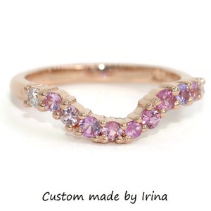 Pink Ombre Cluster Sapphire and Diamonds Curved Wedding Band