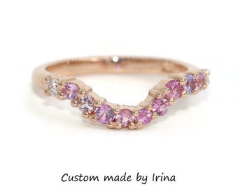 Pink Ombre Cluster Sapphire and Diamonds Curved Wedding Band