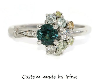 Teal Blue Natural Sapphire Ombré Cluster Engagement Ring Custom Made