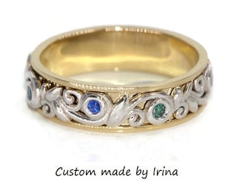 Unisex Eternity Ring 14k Mixed Bi-color Solid Gold with Nature Inspired Rustic Organic Leaf Vine Scroll Pattern