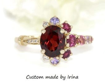 2 carat Ombre Crescent Halo Pink + Violet Cluster Custom Made Ring