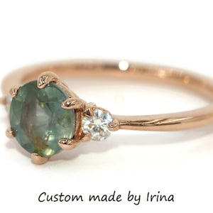3 Stone Montana Sapphire Engagement Ring, Teal Unheated Montana Sapphire Ring, Pastel Sapphire Ring custom made by Irina
