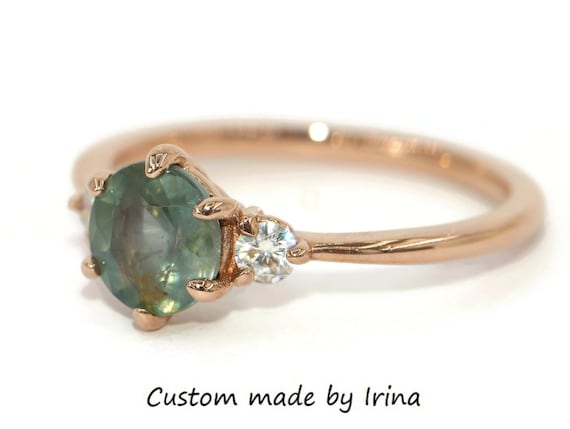 3 Stone Unheated Teal Pastel Montana Sapphire Engagement Ring 14k Solid Gold