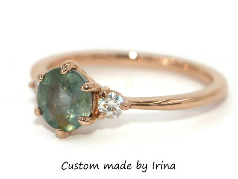 3 Stone Montana Sapphire Engagement Ring, Teal Unheated Montana Sapphire Ring, Pastel Sapphire Ring custom made by Irina