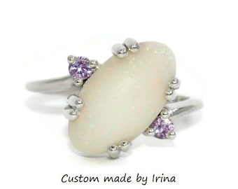 Bypass Three Stone 2 carat Natural Opal + Pink Sapphires 3 Stone Ring