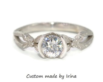 Half Bezel 1 carat IGI Certified Lab Diamond Rustic Twig and Flowers Custom Made Ring