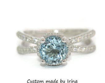 Custom Made Aquamarine Engagement ring, Vintage Style Inspired Mill Grains Flower Diamond Wedding ring