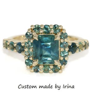 GIA 認定 3 カラット ブルー グリーン 天然サファイア ハロー クラスター エンゲージリング
