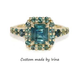 GIA Certified 3 carat Blue Green Natural Sapphire Halo Cluster Engagement Ring