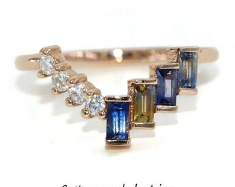 Custom Baguette Ombre Natural Sapphires Cluster Ring