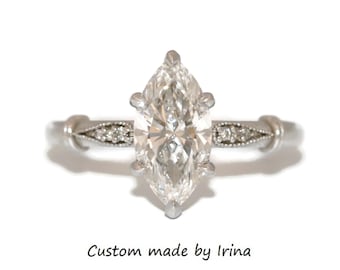 6 Prongs 1 carat IGI Certified Marquise Lab Diamond Engagement Ring 14k Solid Gold