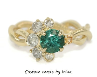 Sun and Moon Ring, Teal Blue Green Tourmaline + Grey Diamonds Cluster Engagement Ring