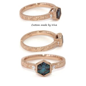 1.5 carat Hand Engraved Hexagon Engagement Ring and Wedding Band