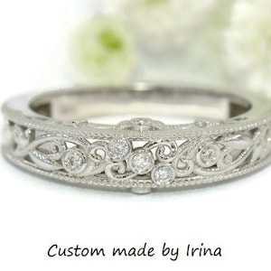 Rustic Vine Leaf Scroll-work Filigree Diamond Wedding Ring Custom Made 14k Solid Gold