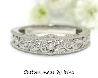 Rustic Vine Leaf Scroll-work Filigree Diamond Wedding Ring Custom Made 14k Solid Gold