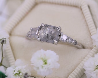 Salt and Pepper Ice Gray Natural Diamond Linear Ombre Cluster Ring