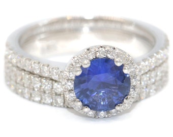 Diamond Halo 1 carat Round Natural Sapphire Engagement and Wedding Rings Set