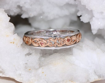 Mixed Bi-color 14k White and Rose Gold Vine Leaf Euro Shank Foliage Ring