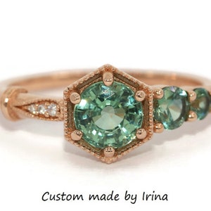 1 carat Hexagon Teal Montana Green Natural Sapphire Cluster Ring with Vintage Edwardian Inspired Pattern