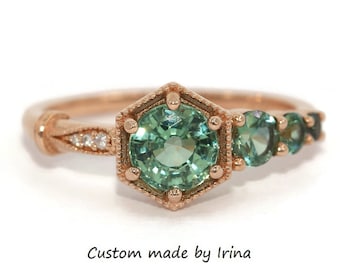 Teal Montana Green Hexagon Sapphire Cluster Ring with Vintage Edwardian Inspired Pattern