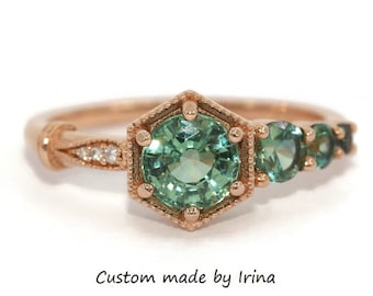 1 carat Hexagon Teal Montana Green Natural Sapphire Cluster Ring with Vintage Edwardian Inspired Pattern