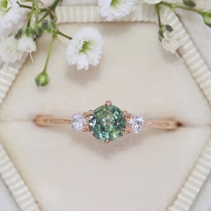 Custom Made Teal Green Montana Sapphire and Diamonds 3 Stone Ring