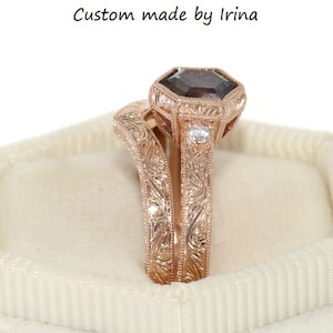 Hand Engraved Hexagon Alexandrite Engagement Ring and Wedding Band