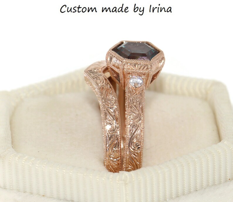 Hand Engraved Hexagon Alexandrite Engagement Ring and Wedding Band